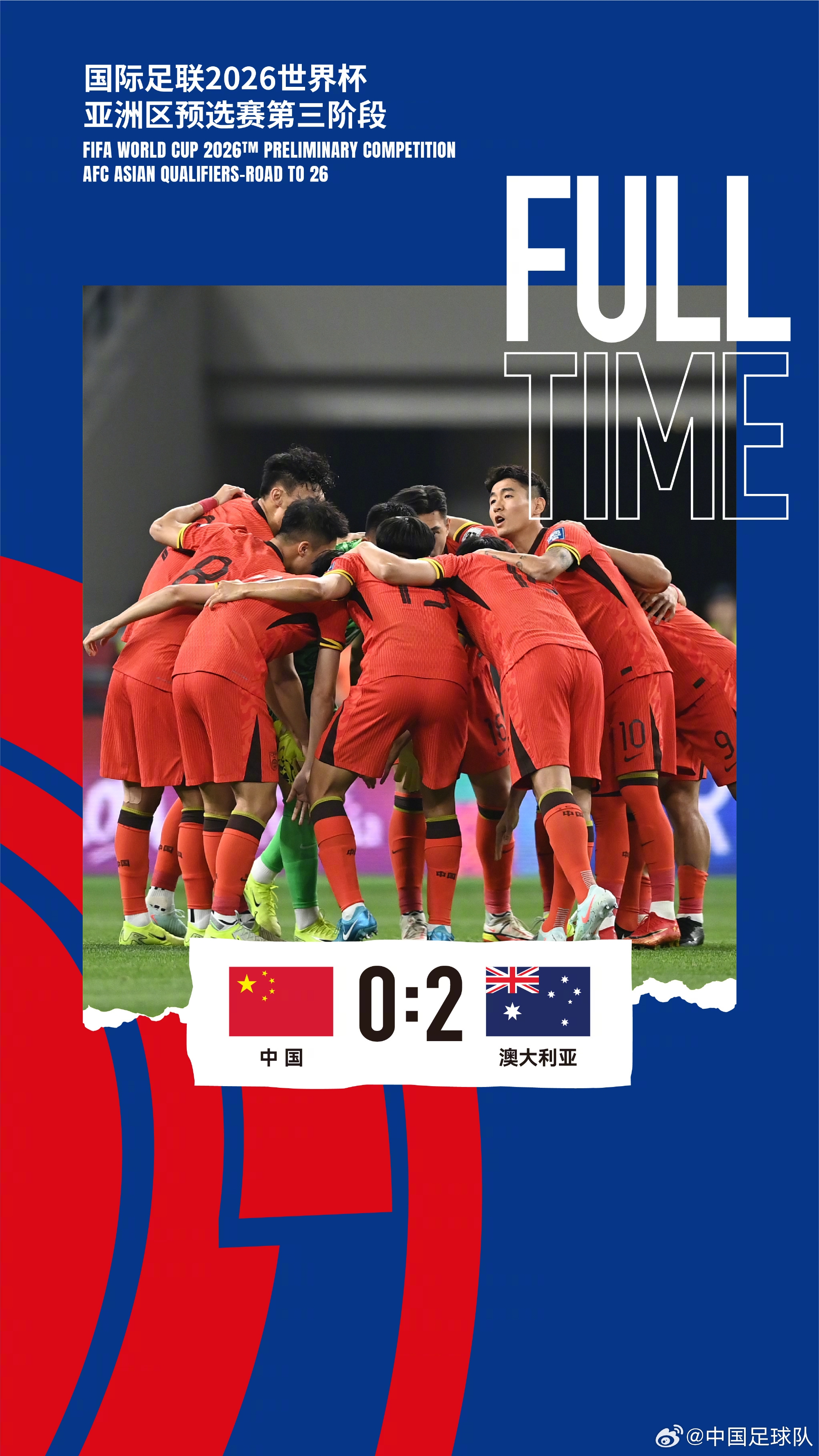 美加墨世界杯亚洲区预选赛第三阶段第八轮,中国队0-2澳大利亚队